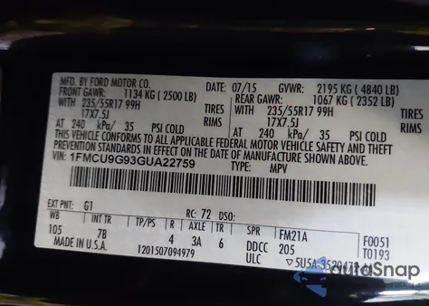 2016 Ford Escape Se from USA, damaged, VIN 1FMCU9G93GUA22759